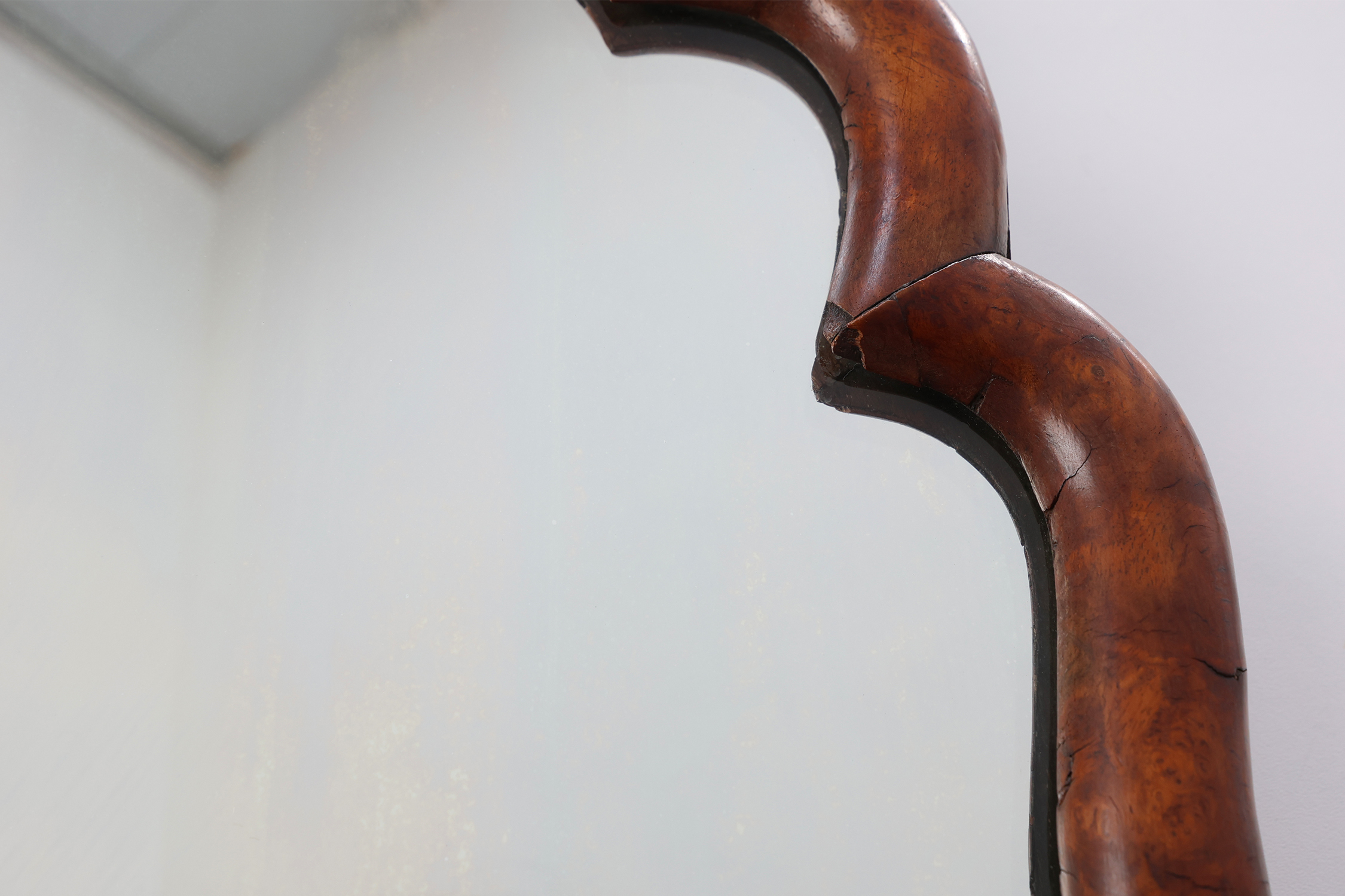 Louis XV style root veneer mirror with scalloped curved frame and oister crest, France late 19th centurythumbnail